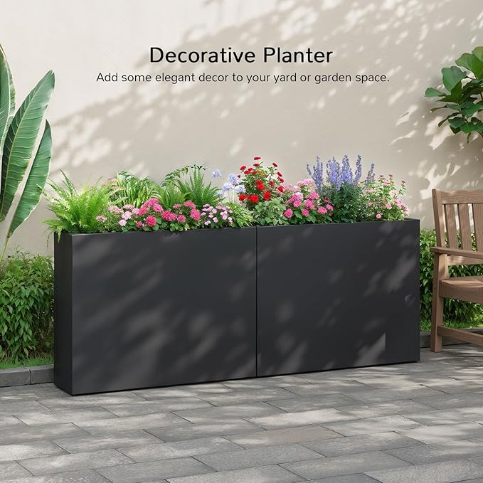 Stoog 38" Metal Tall Rectangular Planter - All-Weather Planter Box for Indoor/Outdoor Use, with Removable Insert Shelf, and Modern Design for Plants, Flowers, Garden, Black-Ruum Studio Home
