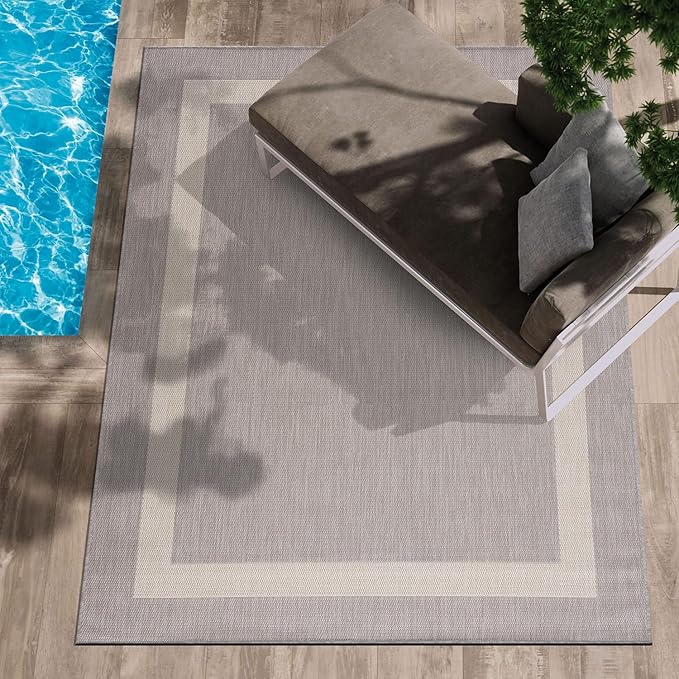 CAMILSON Outdoor Rug 8x10,Modern Outside Rugs for Patios Porches Waterproof Durable Washable Non-Shedding, Easy-to-Clean Indoor Outdoor Area Carpet (8 x 10, Bordered - Gray/White)-Ruum Studio Home