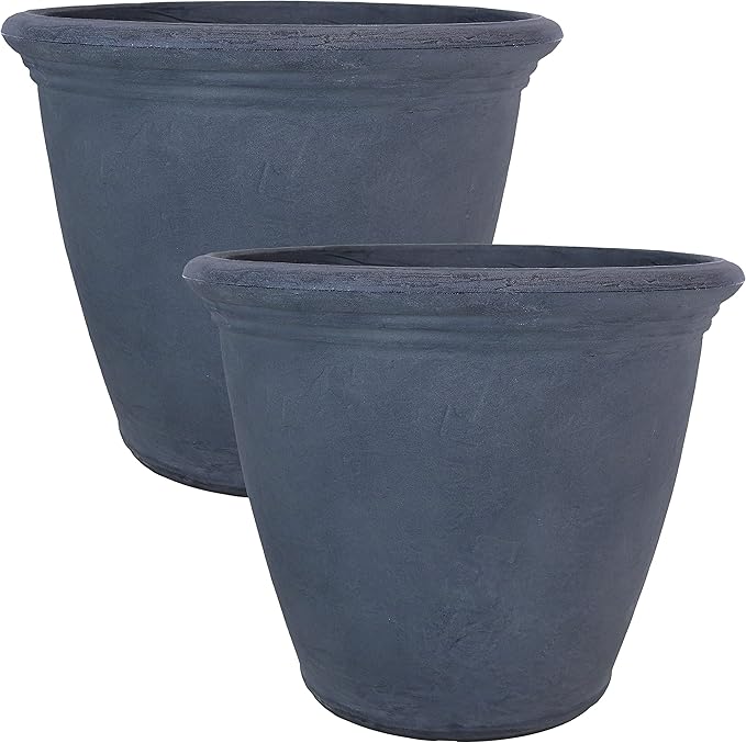Sunnydaze 20-Inch Anjelica Large Plastic Pot for Plants - Outdoor Polyresin Round Planter with Drillable Drainage Holes - Slate - 2pk-Ruum Studio Home
