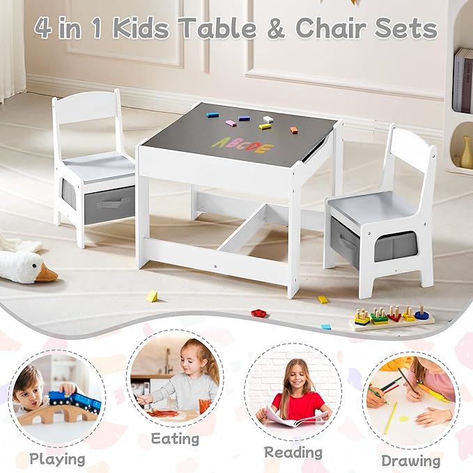 Kids Table and Chair Set, 3 in 1 Wooden Activity Table with Detachable Tabletop, Toddler Table and Chair Set with Storage Drawer, Kids Play Table for Children Art, Craft, Eating, Learning-Ruum Studio Home