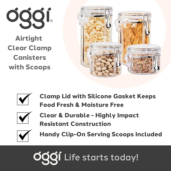 OGGI Clear Canister Airtight 38oz - Clamp Lid & Spoon - Airtight Food Storage Containers, Ideal for Kitchen & Pantry Storage of Bulk, Dry Food Including Flour, Sugar, Coffee, Rice, Tea, Spices & Herbs-Ruum Studio Home