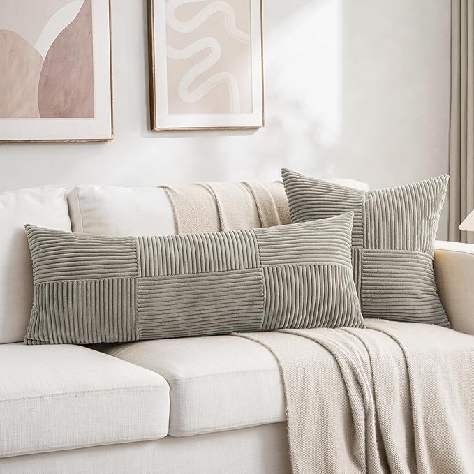 Fancy Homi Set of 2 Neutral Grey Boho Long Lumbar Body Decorative Throw Pillow Cover 14x36 Inch for Bed Couch Bedroom Bench, Soft Patchwork Corduroy Textured Pillow Case, Rustic Farmhouse Room Décor-Ruum Studio Home