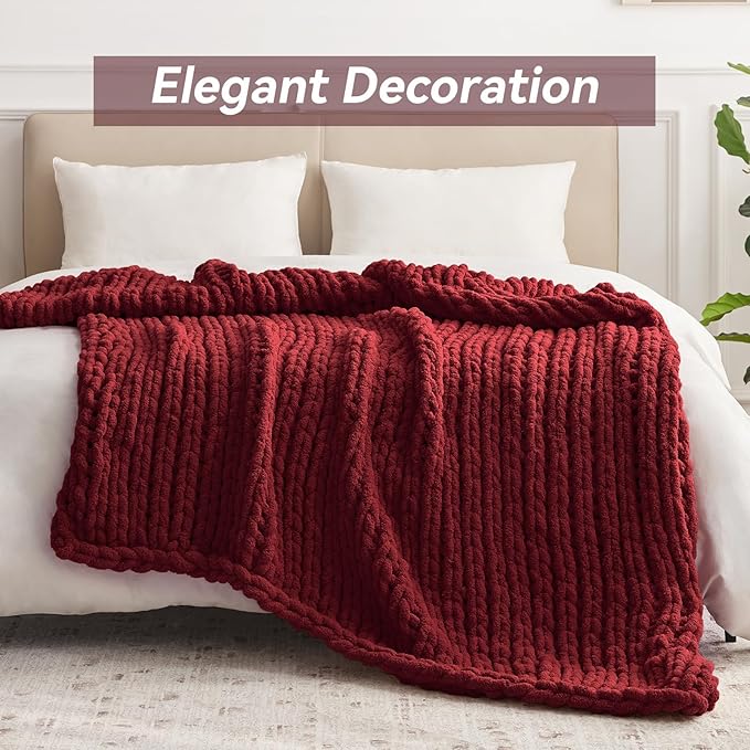 Chunky Knit Throw Blanket, 40''*50'' Knitted Throw Chenille Yarn for Bed Couch, Handmade Red Crochet Big Thick Blanket, Machine Washable Cute Comfy Blanket for Home Decor-Ruum Studio Home