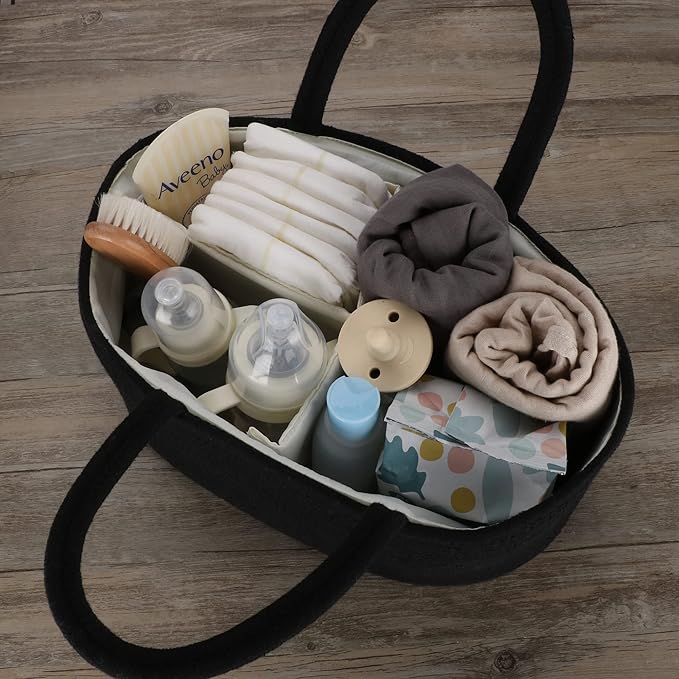 Baby Diaper Caddy Organizer for Girl Boy Cotton Rope Nursery Storage Bin Basket Portable Holder Tote Bag for Changing Table Car Travel Baby Shower Gifts Newborn Essentials Registry Must Haves Black-Ruum Studio Home