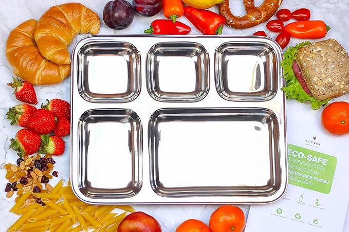 Extra Large Premium Stainless Steel Dinner Plates, 5 Compartments, Set of 2 | Eco Friendly Dinnerwear for Camping, Portion Control, Meal Prep, Lunch, and Party-Ruum Studio Home