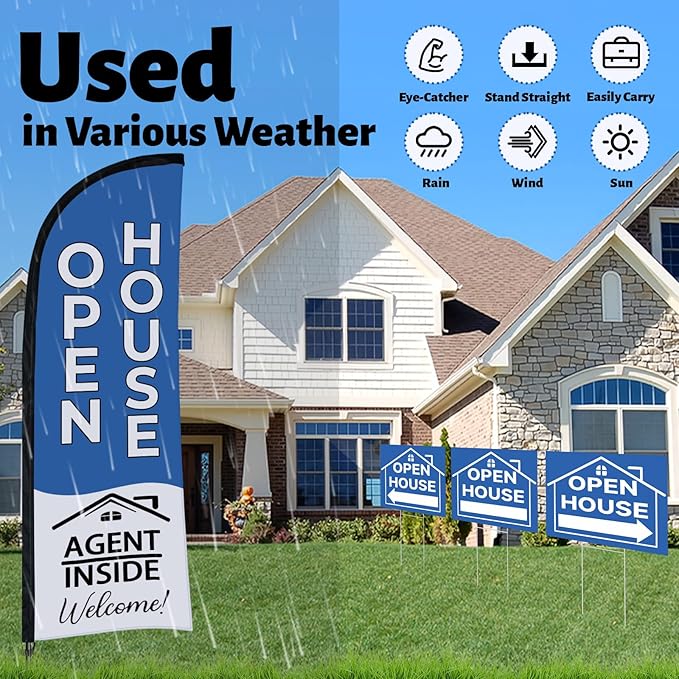 44 Pcs Open House Signs for Real Estate Agent Supplies, Double Sided Open House Flag Kit for Outside, 7.6 x 5.4 Ft Blue Banner Flag Poles Set with Directional Arrows Yard Sign Stakes Balloons-Ruum Studio Home