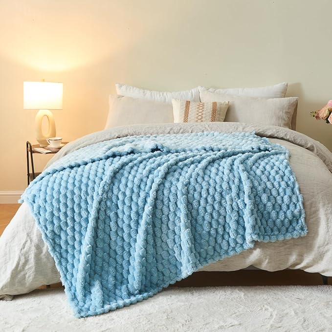 NEWCOSPLAY Super Soft Twin Blanket Blue Premium Silky Flannel Fleece 3D Clouds Stylish Jacquard Lightweight Bed Blanket All Season Use 350GSM (Blue, Twin(60"x80"))-Ruum Studio Home