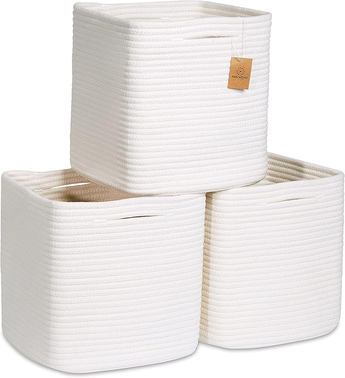 NaturalCozy Storage Cubes 11 Inch Cotton Rope Woven Baskets for Organizing, 3-Pack | Cube Storage Bin | Square Storage Baskets for Shelves Organizer, Classroom, Kids Toy Bins, Closet, Baby Nursery-Ruum Studio Home