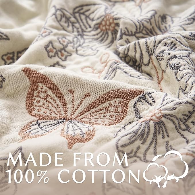 JINCHAN Boho Floral 100% Cotton Blanket 4-Layer Throw Blanket with Tassel Taupe and White Flower Butterfly Soft Luxury Rustic Farmhouse Decor Blanket for Couch Bed 60x80 inch All Season gift for women-Ruum Studio Home