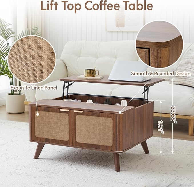 AVZEAR Lift Top Coffee Table with Storage, Mid Century Modern Coffee Table with Nature Linen Doors & Large Hidden Storage, Rounded Corners Center Table Farmhouse Coffee Tables for Living Room, Walnut-Ruum Studio Home