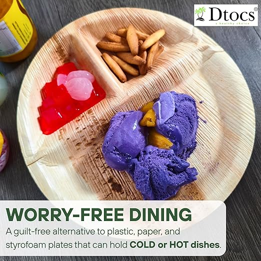 Dtocs 3 Compartment Plates (50 Pc) Palm Leaf 10 Inch Round Portion Control Buffet Sectional Plate | Bamboo Plates Disposable Like Compostable Camping Dinnerware Stronger than Divided Paper, Styrofoam-Ruum Studio Home