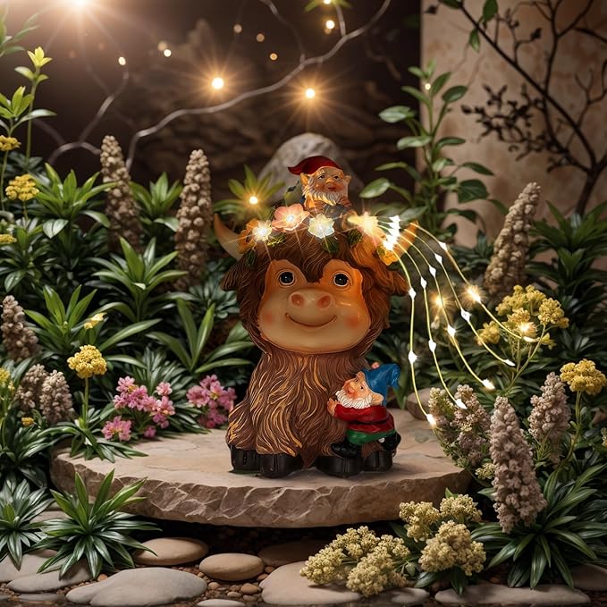Solar Highland Cow Outdoor Statues for Garden: Outside Decor with Funny Gnomes Clearance for Yard Art Lawn Ornaments Porch Patio Balcony Home House - Birthday Gifts for Grandma Mom Women(Cow Gnome)-Ruum Studio Home