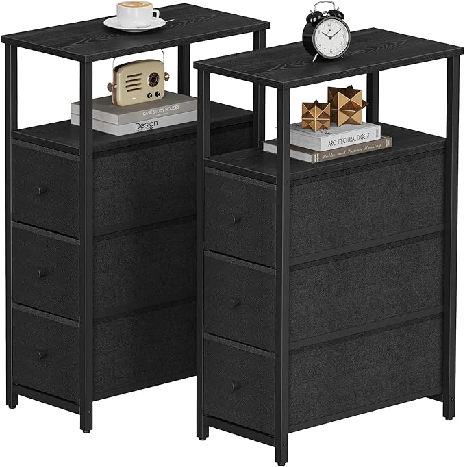 TUTOTAK Narrow Night Stand, Slim End Table, Tall Side Table with 3 Fabric Drawer, Small Bedside Table with Storage, Set of 2, for Living Room, Bedroom, Black TB01BK072-Ruum Studio Home