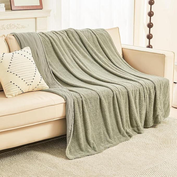 EMME Muslin and Fleece Twin Blanket Reversible - 60"*80" Sage Green Soft Warm Throw Blankets for Couch Bed Picnic Travel Bed-Ruum Studio Home