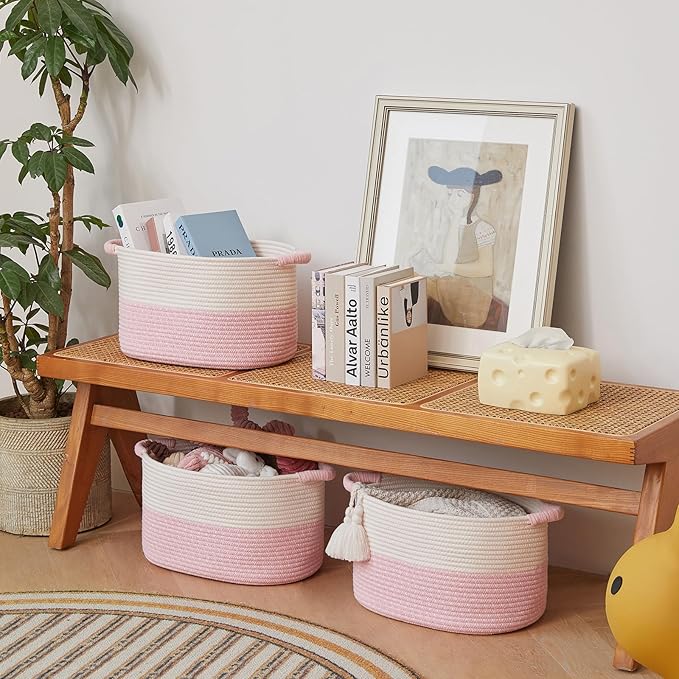 Storage Baskets for Organizing | 15"x10.2"x9.1" - 1 Pack Nursery Bin with Handles - Woven Cotton Rope Baskets for Dog Toys, Books, Shelf, Bathroom,Closet -Pink Basket for Girls-Ruum Studio Home