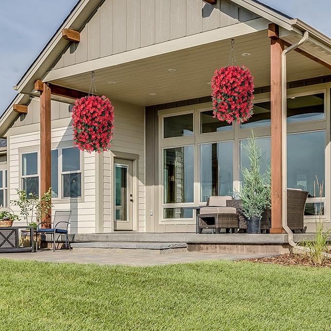 Artificial Fake Red Hanging Flowers Plants Basket for Outdoor Outside Winter Christmas Decor, Faux Silk Look Real UV Resistant Orchid for Fall Porch Garden Yard Patio Home-Ruum Studio Home