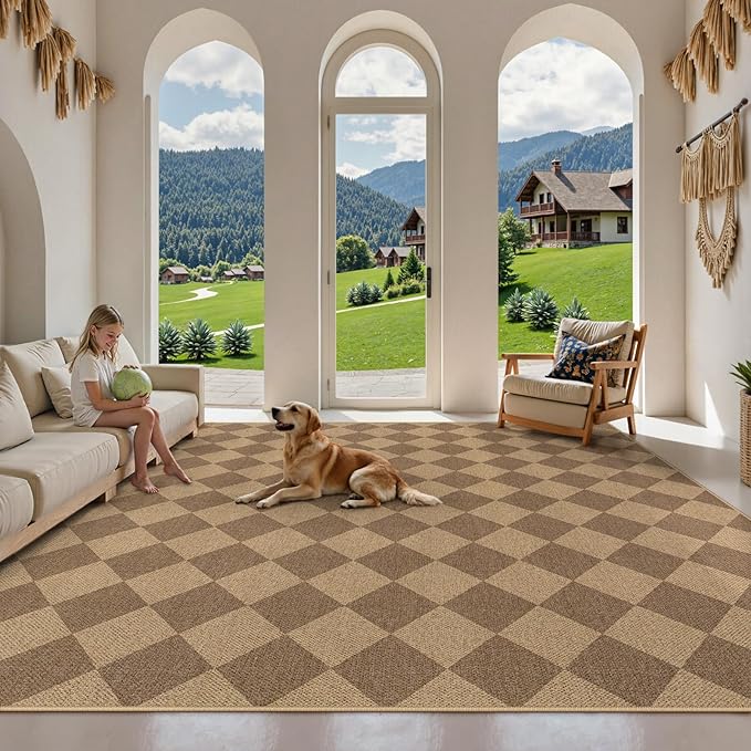 Lahome Checkered Easy Jute Rug, 9x12 Washable Dining Room Rug Indoor Outdoor Carpet, Farmhouse Neutral Non Slip Non Shedding Stain Resistance Floor Carpet for Patio Living Room Office-Ruum Studio Home