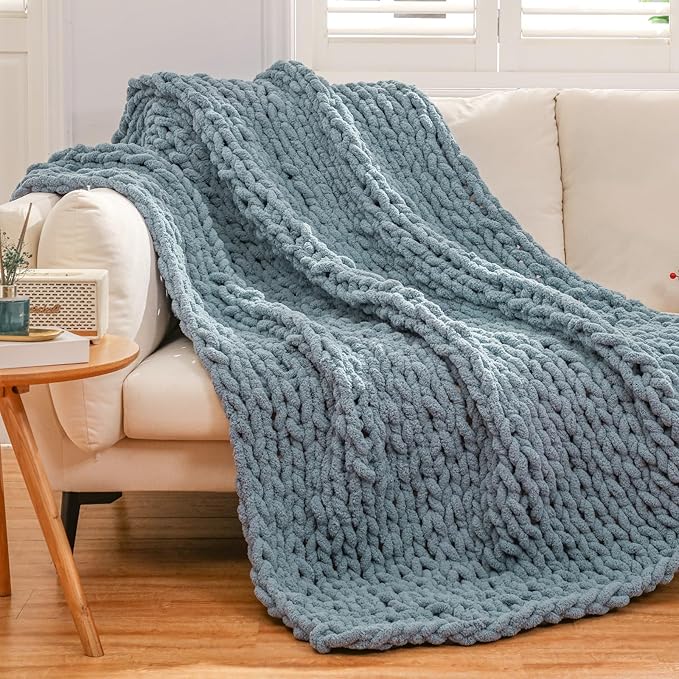 WESHIONGOO Chunky Knit Blanket Throw 50"×60" Knitted Throw Blankets for Couch Bed Fluffy Soft Blanket with Jumbo Chenille Yarn Thick 100% Handmade(Dusty Blue)-Ruum Studio Home