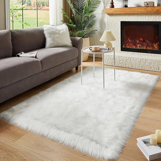 AMTOVO Faux Fur Sheepskin Rug for Living Room, 4 x 6 ft White Fluffy Area Rug for Bedroom, Playroom, Luxury Room Decor, Rectangle-Ruum Studio Home