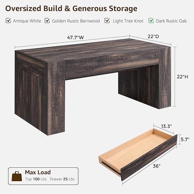 OKD 48" Modern Farmhouse Coffee Table, Wooden Living Room Table with Hidden Storage Drawer, Rustic Rectangular Center Tables w/Wood Thick Design for Living Room, Office, Dark Rustic Oak-Ruum Studio Home