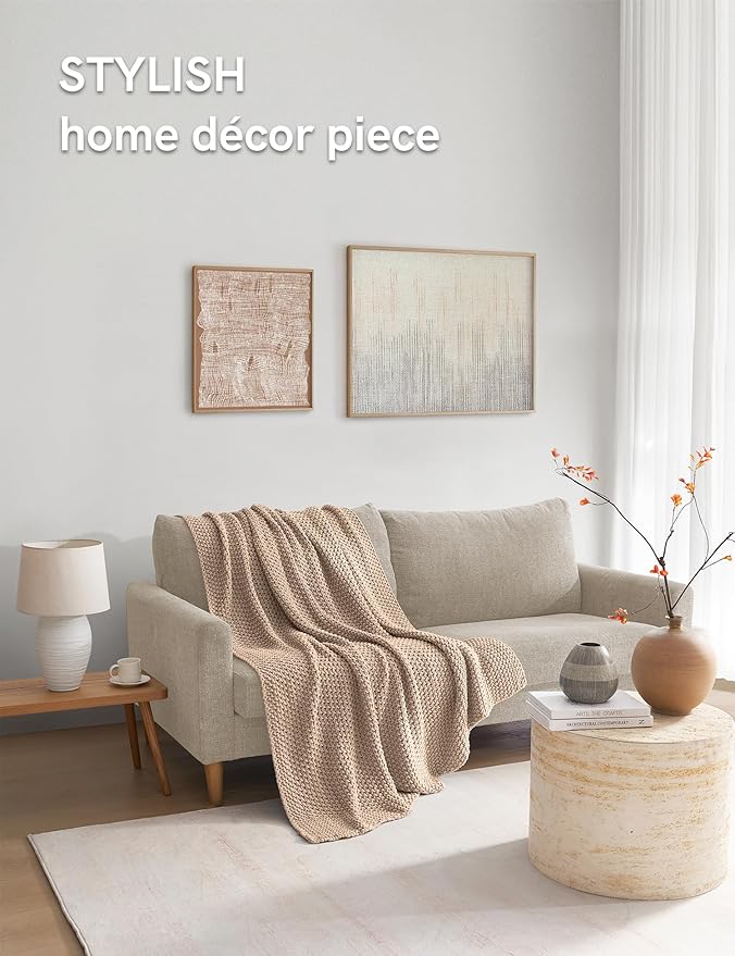 YnM Chunky Cotton Knit Throw Blanket, Cable Knit Throws for Bed Couch Sofa, Comfy & Relaxing, Decorative Piece for Farmhouse Modern Boho Rustic Scandinavian Chic Vibe, Beige 80x87 Inches-Ruum Studio Home