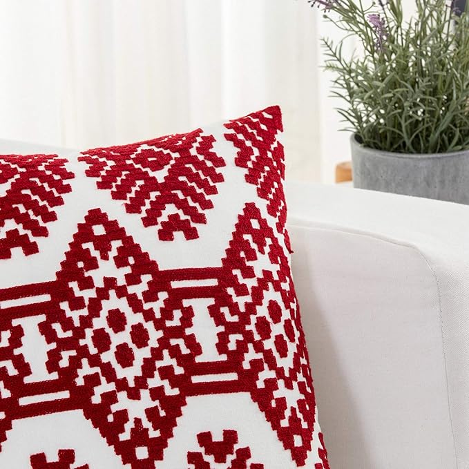 HWY 50 Red Decorative Throw Pillow Covers 18x18 Inch, Pack of 2 Embroidered Cotton Farmhouse Cushion Cover Pillow Case for Sofa Couch Living Room Bed Bedroon, Diamond Design-Ruum Studio Home