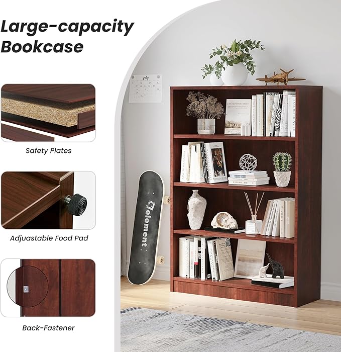 Bookshelf, Open Modern Bookshelf, 4 Shelf Bookcase with Freestanding Display Storage, Wooden Book Shelf for Bedroom, Living Room, Dinning Room, Office, 48 Inch, Brown-Ruum Studio Home