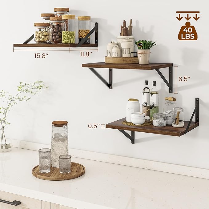 Heimlove Deep Floating Shelves for Wall, 12 Inch Deep Floating Shelves Set of 3, 16W x 12D Wood Wall Shelves, Wide Wood Shelves with Metal Bracket for Living Room, Kitchen, Office, Bedroom - Walnut-Ruum Studio Home