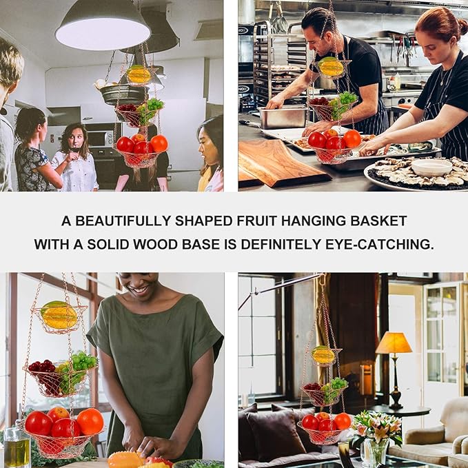 Yardwe 3 Tier Hanging Fruit Baskets Copper Wire Basket Fruit Vegetable Kitchen Storage Organizer Rustic Country Decor Round Metal Copper-Ruum Studio Home
