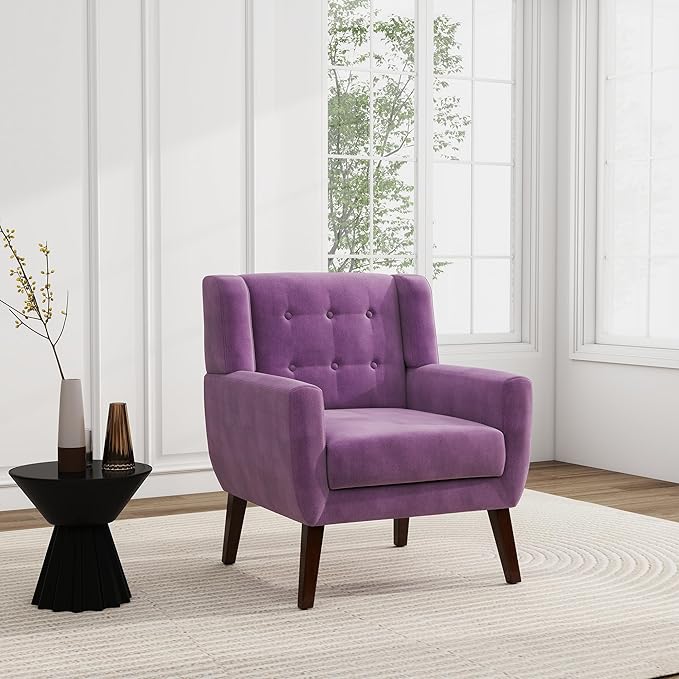 UIXE Accent Chair Modern Upholstered Armchair, Mid Century Club Arm Chairs Comfy Single Sofa Living Room Button Tufted Reading Seat Bedroom Side Seating, Velvet-Purple-Ruum Studio Home
