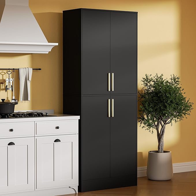 71" Tall Pantry Cabinet, 4 Doors Kitchen Pantry Storage Cabinet, Freestanding Larder Cupboard, Kitchen Hutch with Gold Handles for Dining Room, Bathroom, Black-Ruum Studio Home