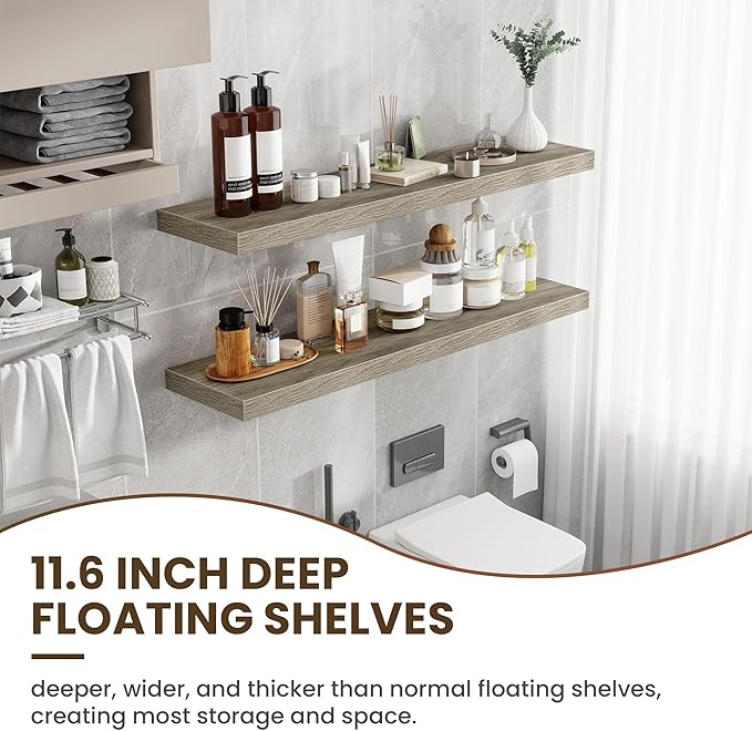 48 Inch Floating Shelves, 12 Inch Deep Floating Shelves for Wall, Floating Shelf with Invisible Brackets, 12 inch Deep Wall Shelves for Bathroom, Bedroom, Living Room, Vintage Gray Oak-Ruum Studio Home