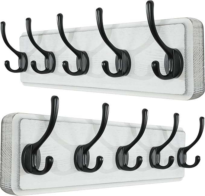 SKOLOO Rustic Wall Mounted Coat Rack, 16 inches Hole to Hole, Case of 2, Pine Solid Wood Coat Hook Hanger - 5 Hooks for Hanging Clothes Robes Towels Coats-Ruum Studio Home