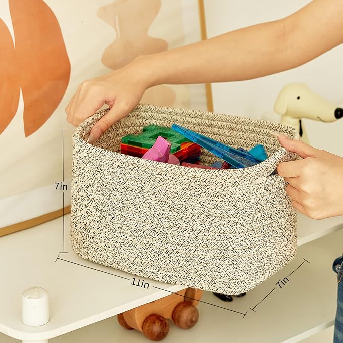 Small Cotton Rope Storage Basket Set of 3-11"x7"x7" Perfect Woven Baskets for Storage, Ideal Storage Baskets for Organizing Toys, Towels, and More - Baskets for Shelves and Home Decor（Beige）-Ruum Studio Home