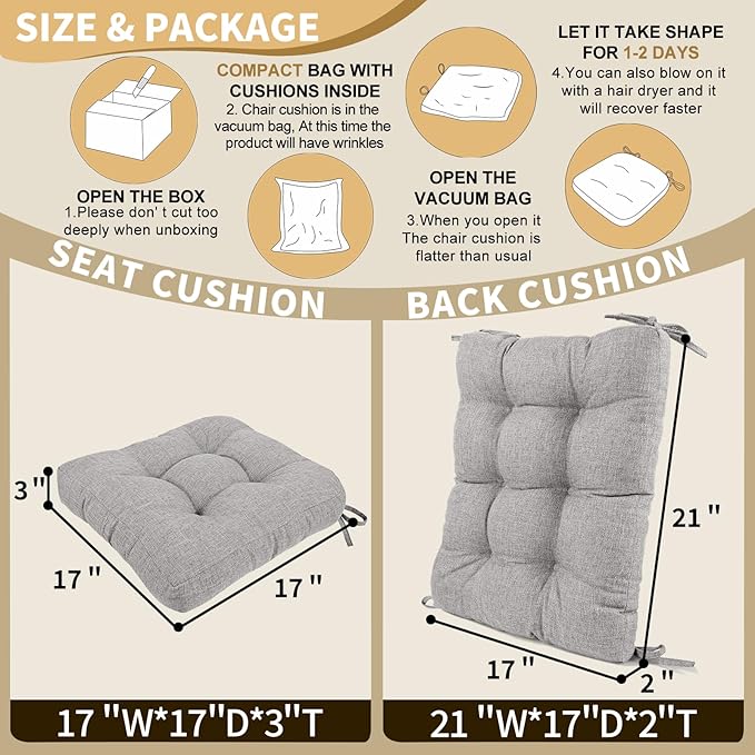 BUYUE Chair Cushion Set for Rocking Chair, Back Pillow & Seat Cushion with Ties, Original Woven Fabric Non-Slip Chair Pads for Elderly Sitting, Light Gray-Ruum Studio Home