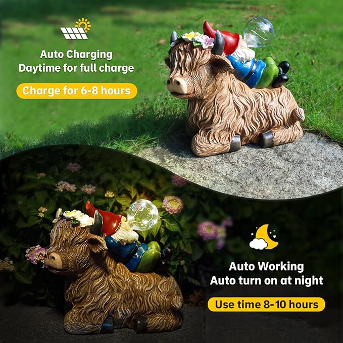 Solar Highland Cow Gnome Garden Decor Statue, Outdoor Funny Solar Light Decoration for Yard, Patio, Lawn, Unique Housewarming, Birthday Gift for Women, Mom, Grandma-Ruum Studio Home