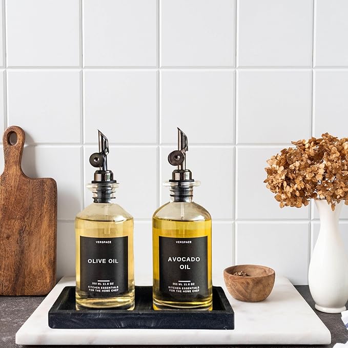 Olive Oil Dispenser Bottle For Kitchen With Silicone Tray & 40 Labels, Soy Sauce Dispenser, Coffee Syrup Dispenser, Olive Oil Bottles Set Of 2, Black-Ruum Studio Home