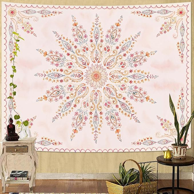 Fowocu Boho Floral Mandala Tapestry for Bedroom Aesthetic Pink Bohemian Flower Wall Tapestry Watercolor Hippie Indian Large Tapestries Wall Hanging for Living Room Dorm Decor 80 x 60 Inch-Ruum Studio Home