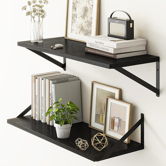 Fun Memories 27.5" W x10 D Floating Shelves, Black Wall Shelf with Brackets, 10 Inch Deep Floating Shelf Set of 2, Large Storage Kitchen Living Room Bathroom Shelves, Wood Wall Mounted Shelf-Ruum Studio Home