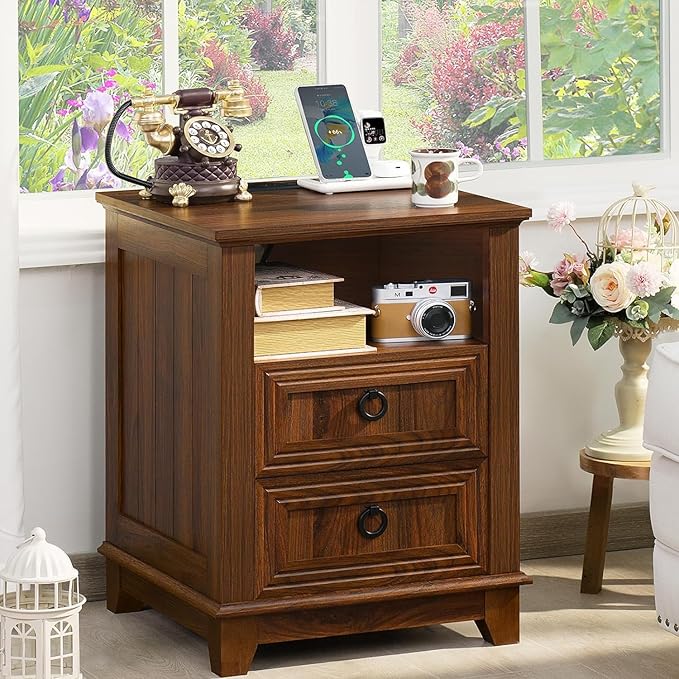 18" Farmhouse Night Stands Set of 2 with Charging Station, 2 & 3 Drawers End Table Dresser for Bedroom, Brown Wooden Nightstand, Bed Side Table with Open Shelf, Bedside Cabinet for Living Room-Ruum Studio Home