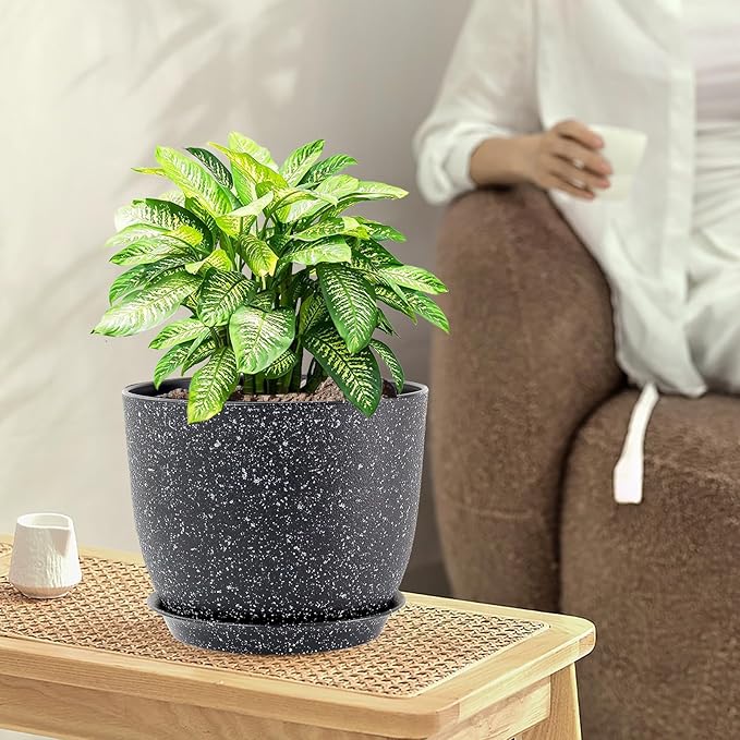 9/8/7.5 inch Plant Pots, Set of 3 Modern Decorative Plastic Planters with Drainage Holes and Saucer for Garden House Plants, Flower Pots for Indoor Outdoor Plants, Speckled Black-Ruum Studio Home