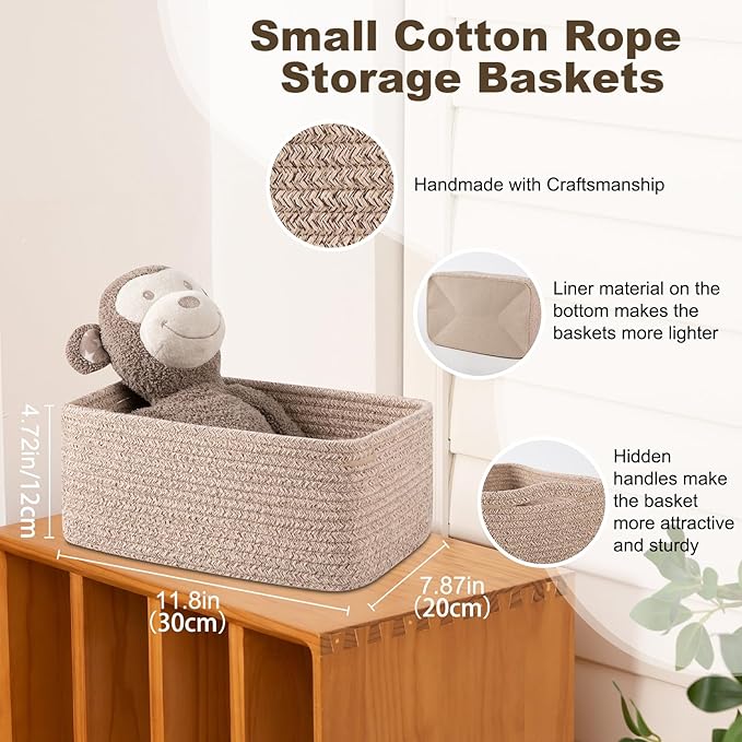 3 Pack Small Storage Baskets for Organizing, Cute Woven Decorative Gift Baskets for Shelves, Mini Closet Organizer Bins with Handles, 11.81''Lx7.87''Wx4.72''H-Brown-Ruum Studio Home