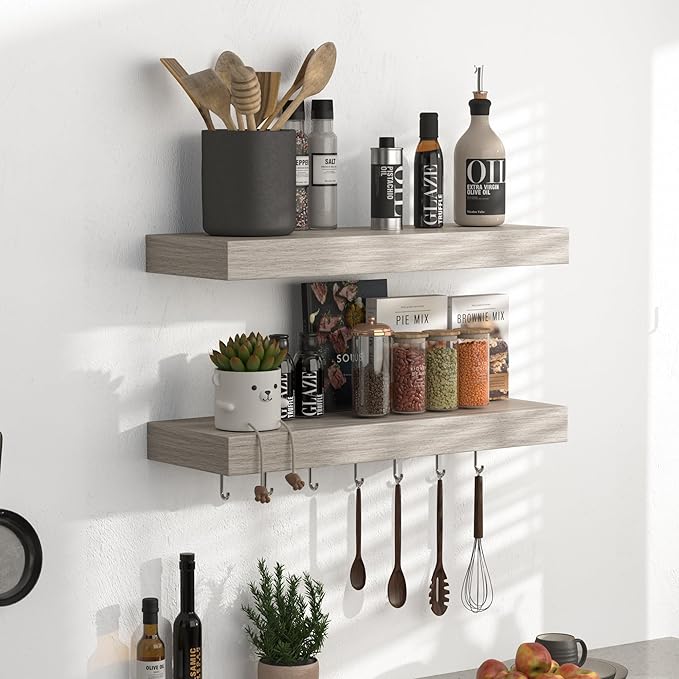 Floating Shelves - Rustic Grey Storage Shelf Set of 2 - 16 Inch Wall Mounted Shelves for Wall Decor & Storage - Wooden Shelves with Invisible Brackets for Living Room, Bedroom, Kitchen, Farmhouse-Ruum Studio Home