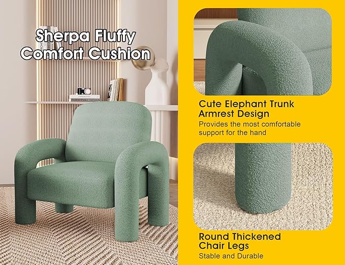 Modern Sherpa Accent Chair, Teddy Upholstered Arm Single Sofa, Cozy Fluffy Reading Chair for Living Room, Bedrooms, Corner (Mint Green)-Ruum Studio Home