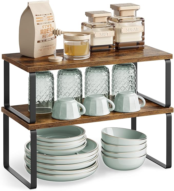 SONGMICS Cabinet Organizer Shelf, Set of 2 Kitchen Counter Shelves, Kitchen Storage, Spice Rack, Stackable, Expandable, Metal and Engineered Wood, Ink Black and Rustic Brown UKCS200X01-Ruum Studio Home