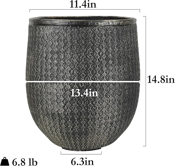 Worth Garden 12" Dia x 15" H Round Planter – Lightweight Magnesium Oxide Cement Plant Pot with Texture – Raised Pattern Concrete Look – Drainage Hole – Indoor & Outdoor Use - Black Gold-Ruum Studio Home