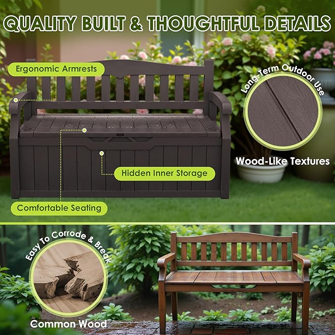 Greesum 80 Gallon Outdoor Storage Bench, Resin Patio Furniture with Armrest,Waterproof and UV-Resistant, Perfect to Garden, Poolside and Lawn, Dark Brown-Ruum Studio Home