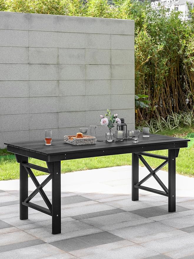 HDPE Outdoor Dining Table, 66.9” Rectangle Patio Dining Table for 6, All-Weather HDPE Outdoor Table with 2.2” Umbrella Hole, HDPE Patio Furniture for Deck, Backyard, Garden, Pool, Obsidian-Ruum Studio Home