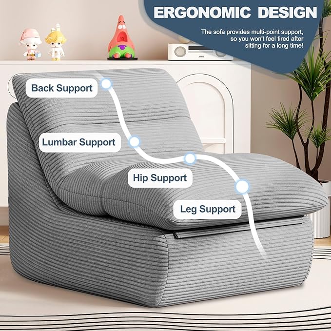 Misolant Bean Bag Chairs，Big Corduroy Fabric Sofa Bean Bag Chair for Adults and Teens with High-Resilience Sponge, Non-Slip Base Floor Lounge Sofa for Home, Living Room, Bedroom, Gaming Dark Gray-Ruum Studio Home