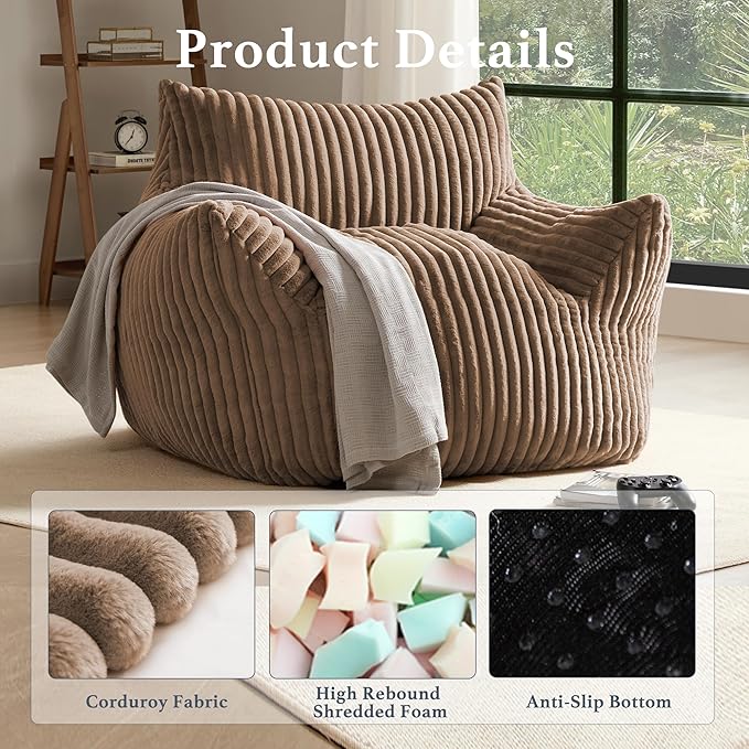 Giant Plush Bean Bag Chair for Adults with Armrests - Oversized Comfy Khaki Beanbag Lounge Lazy Floor Sofa Chair for Living Room, Bedroom & Dorm, Cozy Fluffy Single Cloud Mini Couch-Ruum Studio Home
